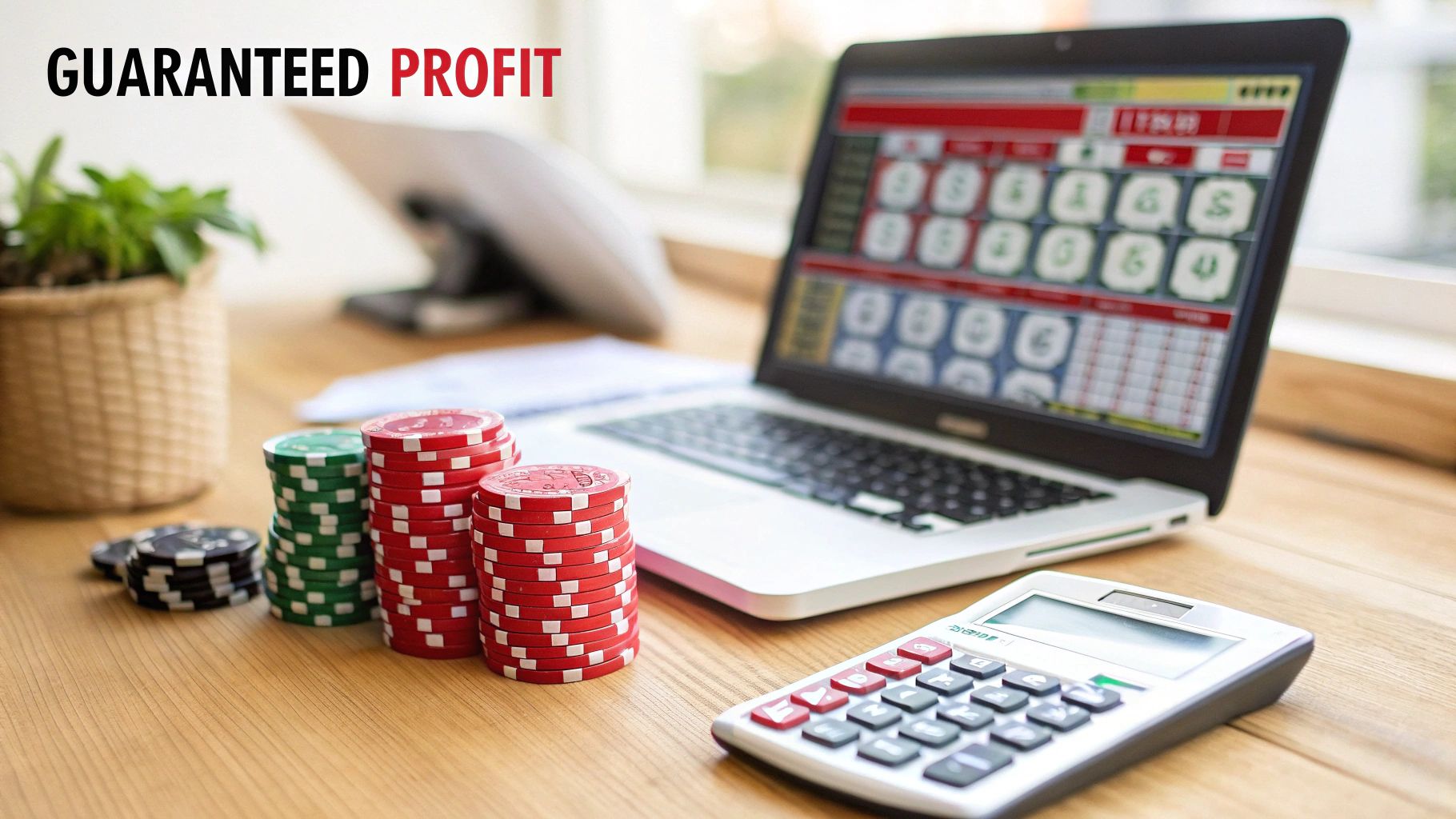 Using a Sport Betting Arbitrage Calculator for Profits 1 A person using a laptop to calculate sports betting odds, with logos of offshore sportsbooks like BetOnline and Bovada visible.