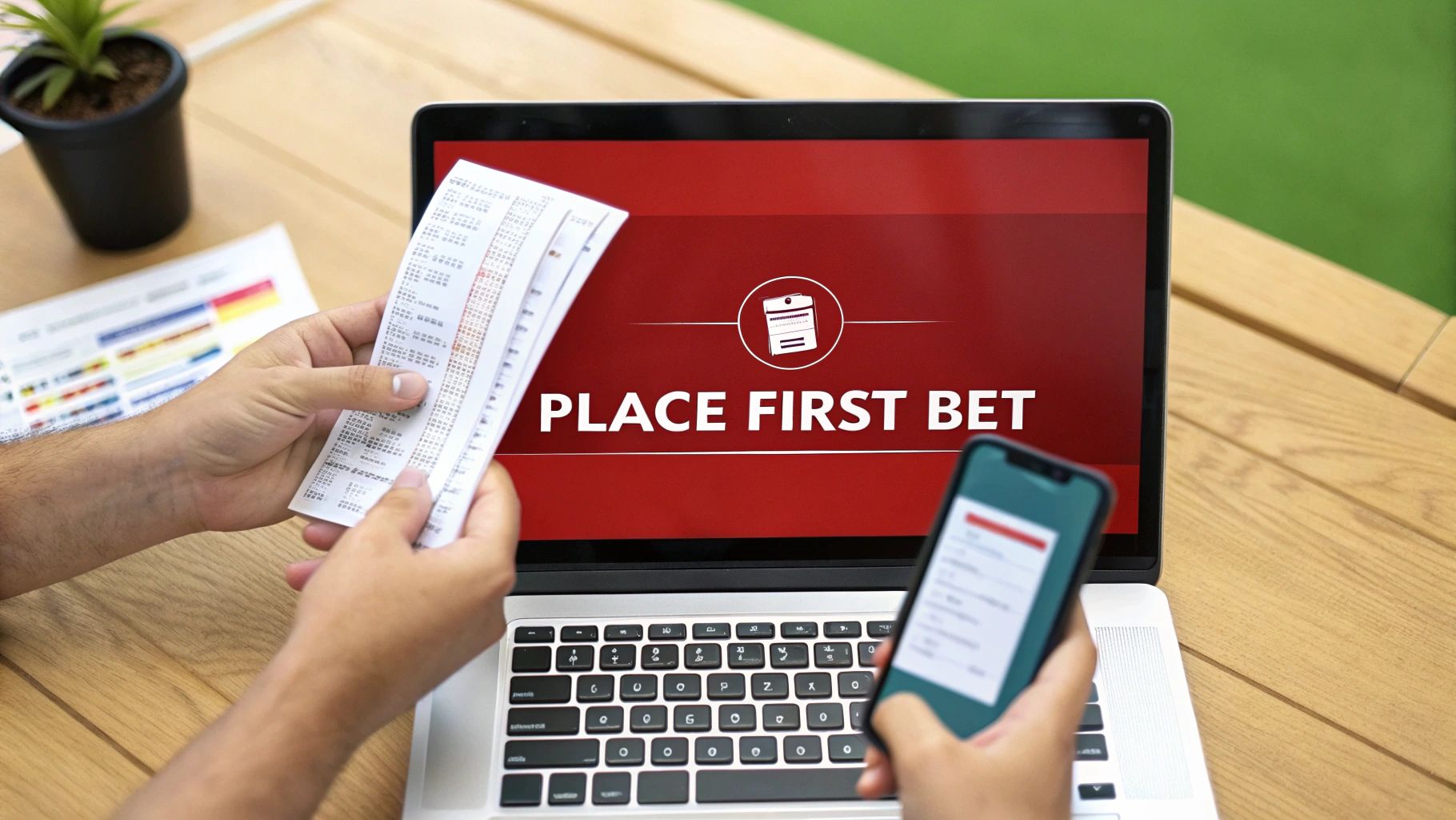 Person holding betting slips and smartphone with laptop displaying place first bet online gambling interface