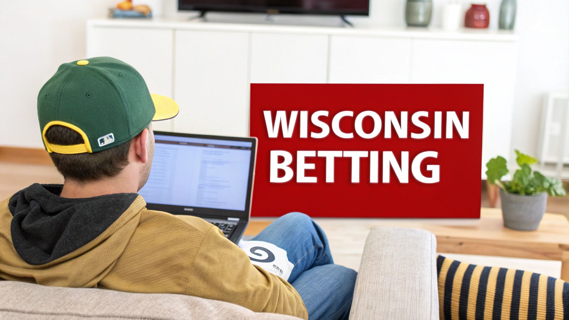 Wisconsin Sports Betting Your Ultimate Offshore Guide 2 A person wearing a baseball cap and hoodie uses a laptop, with a 'Wisconsin Betting' sign visible.
