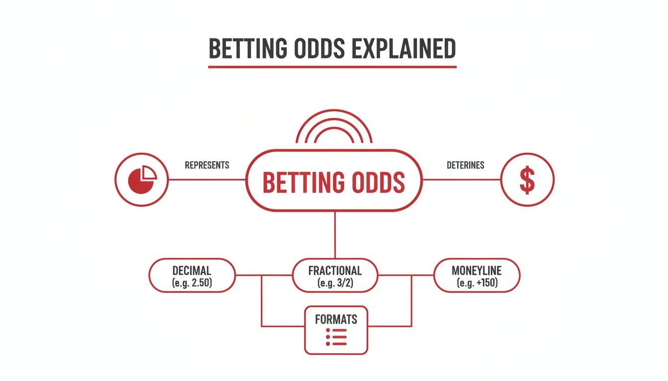 A diagram explaining betting odds, showing what they represent, determine, and their formats.