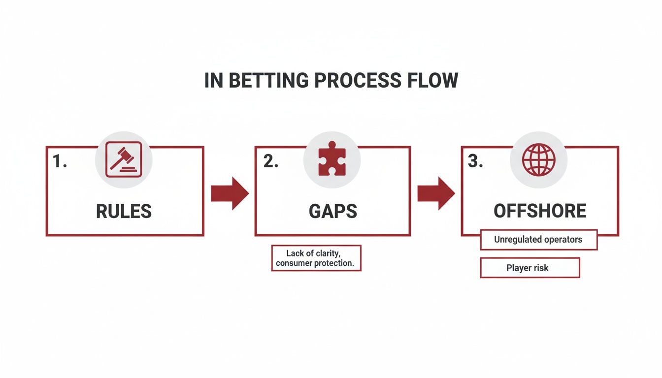 Sports Betting Indiana: Your Guide to sports betting indiana Offshore Sites 3 Flowchart illustrating the betting process: rules, gaps leading to lack of clarity, and offshore operators causing player risk.