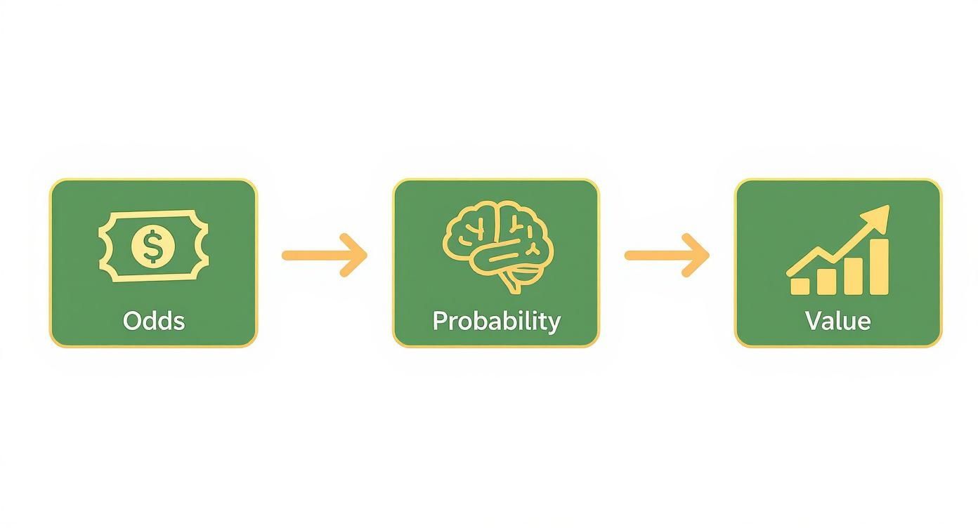 Diagram illustrating the logical progression from given odds to assessed probability to calculated value.