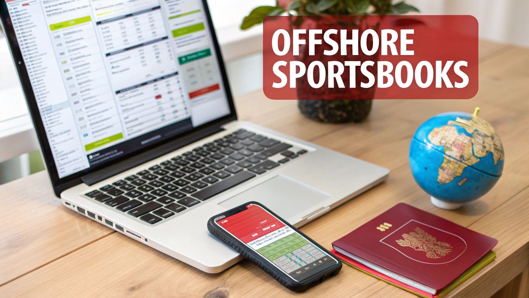 Is Online Sports Betting Legal in Texas A Bettor's Guide 2 Laptop and smartphone display sports betting apps, alongside a globe and passport, highlighting offshore sportsbooks.