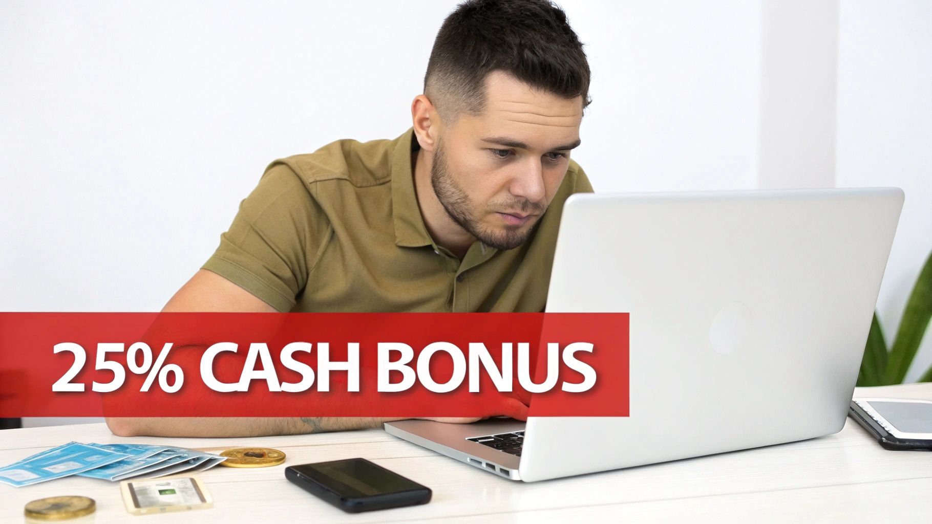 A Bettor's Guide to the Betanysports Deposit Bonus 1 A man intently looking at a laptop screen, with a red banner saying '25% CASH BONUS' displayed.