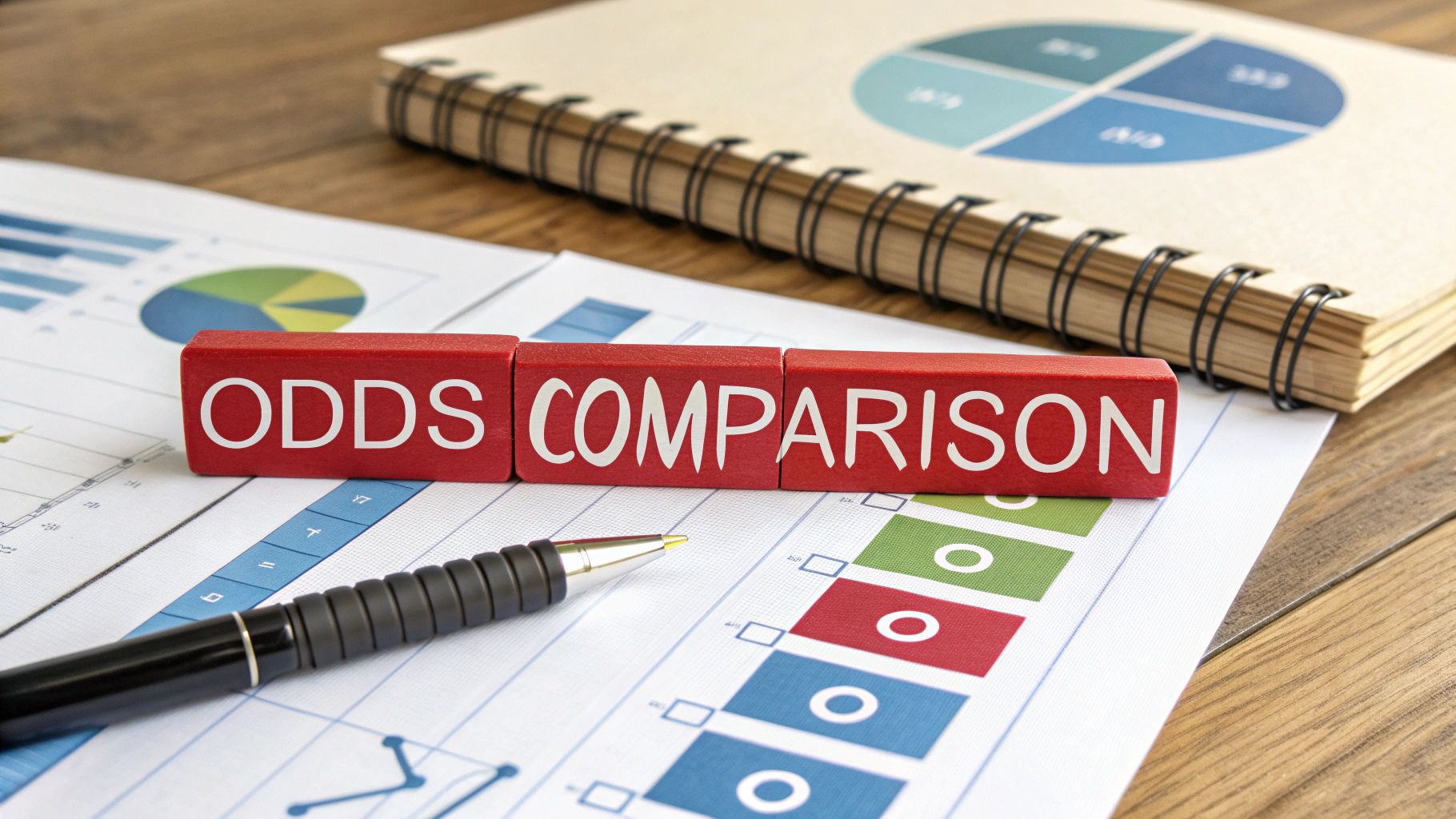 MyBookie vs Bovada: A Deep Dive Into Offshore Betting Giants 3 Red wooden blocks spelling 'ODDS COMPARISON' sit on a financial document with charts and a pen.