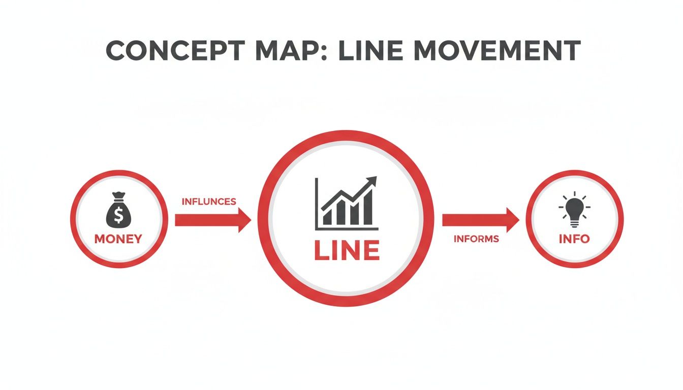 Concept map showing money influencing line movement represented by a bar chart, which then informs information.