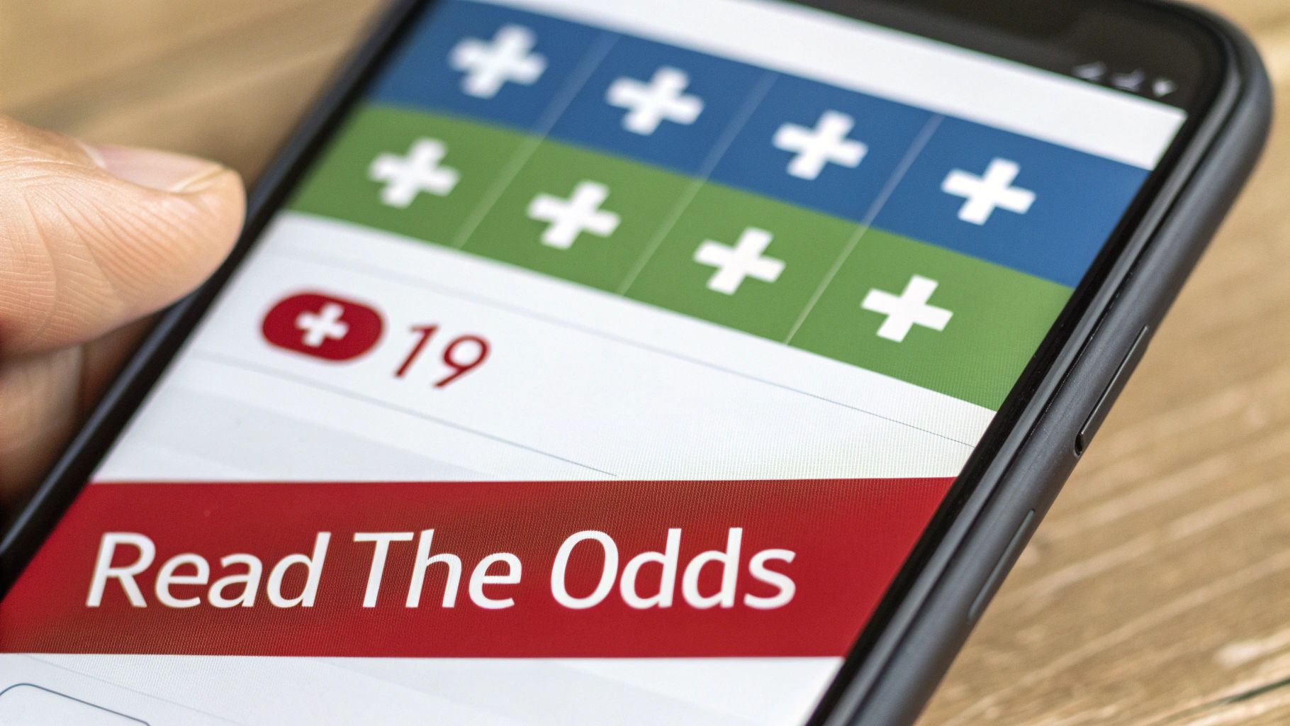 What Is The Money Line In Betting Explained 2 Close-up of a hand holding a smartphone displaying a betting odds application with "Read The Odds" text.