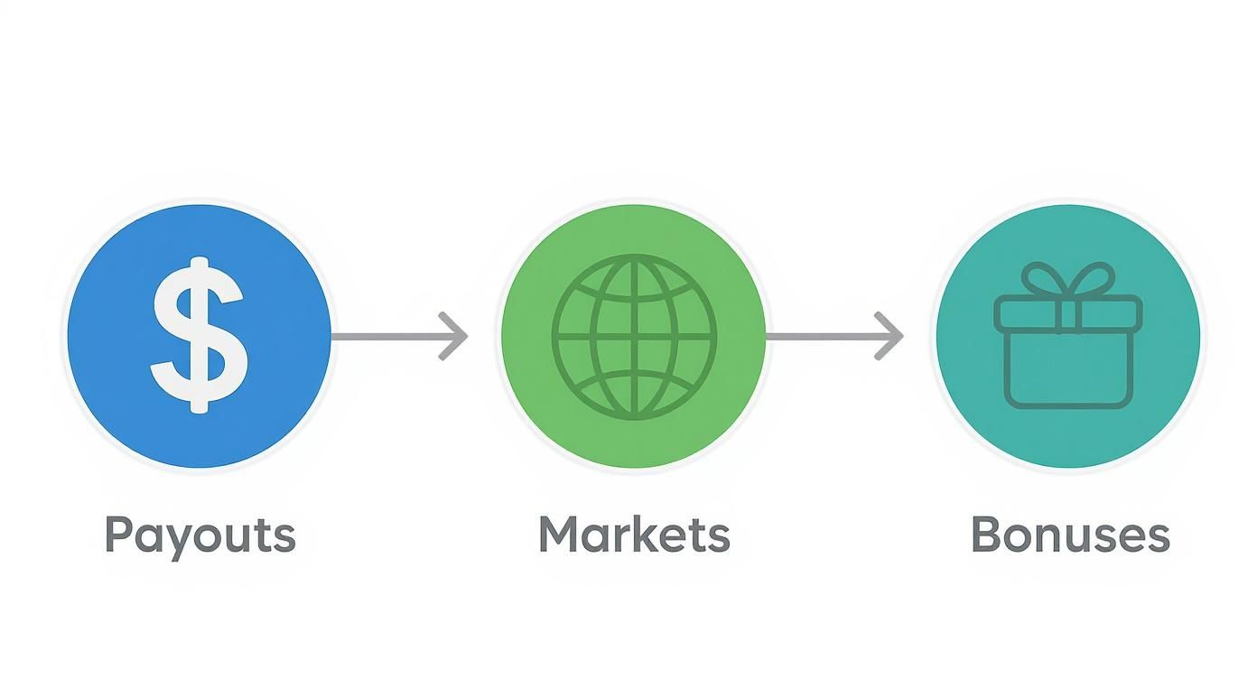 Missouri Sports Gambling Explained 2 A process diagram showing Payouts (dollar sign), flowing to Markets (globe), and then to Bonuses (gift).