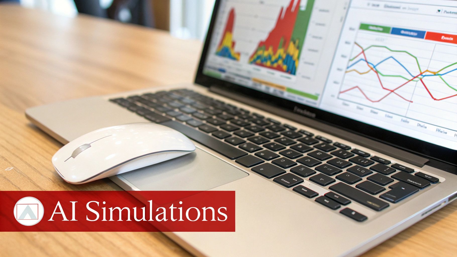 A close-up of a laptop displaying data visualizations and charts, with a white mouse on a wooden desk, emphasizing AI simulations.