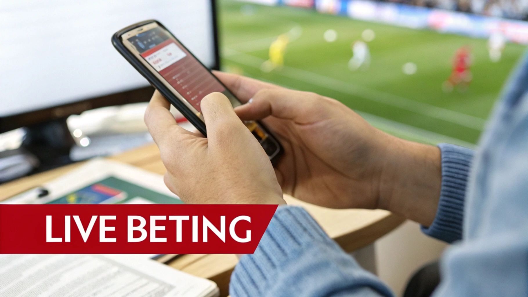 MyBookie vs Bovada: A Deep Dive Into Offshore Betting Giants 4 Person using a smartphone to place live bets on a sports game shown on TV.