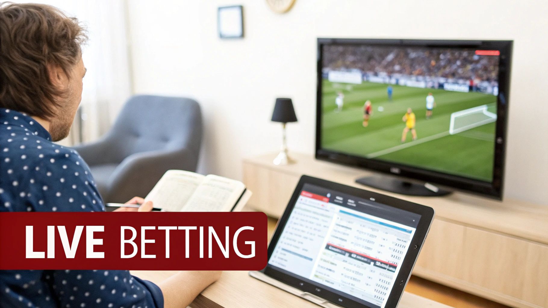 A man watches a soccer game on TV while live betting on a tablet and taking notes.