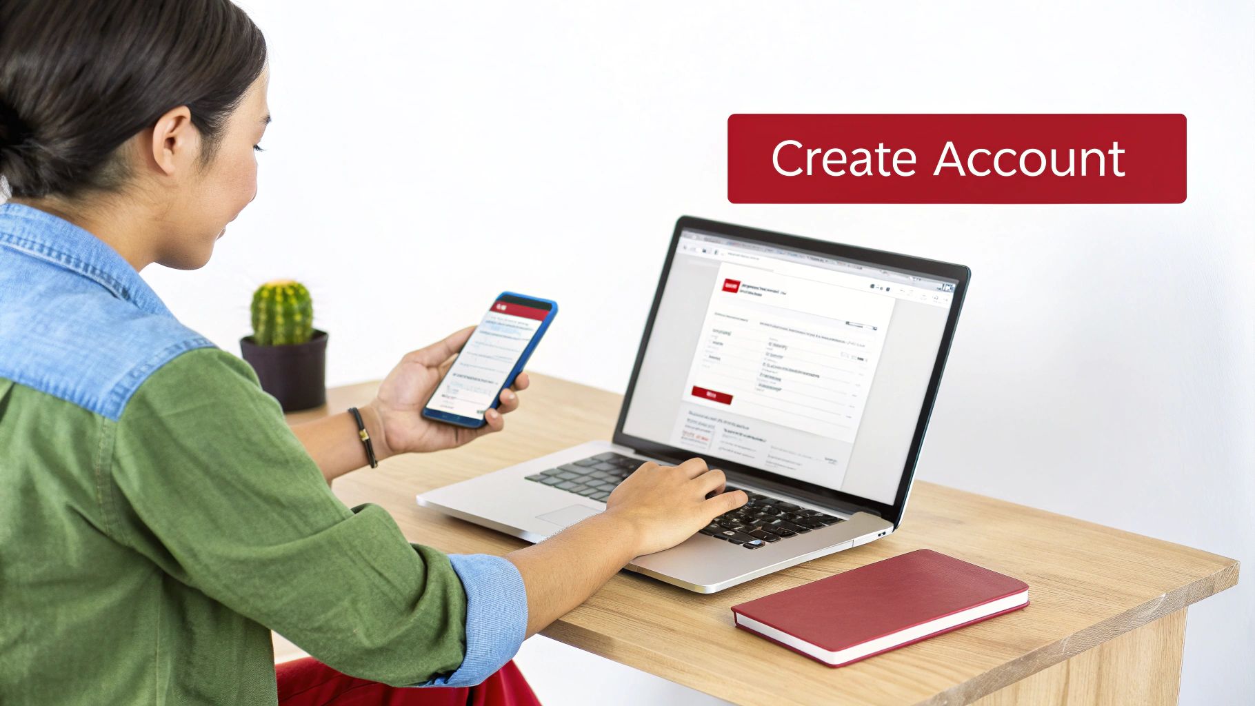 A person is using a laptop and smartphone to create an online account, with a 'Create Account' overlay.