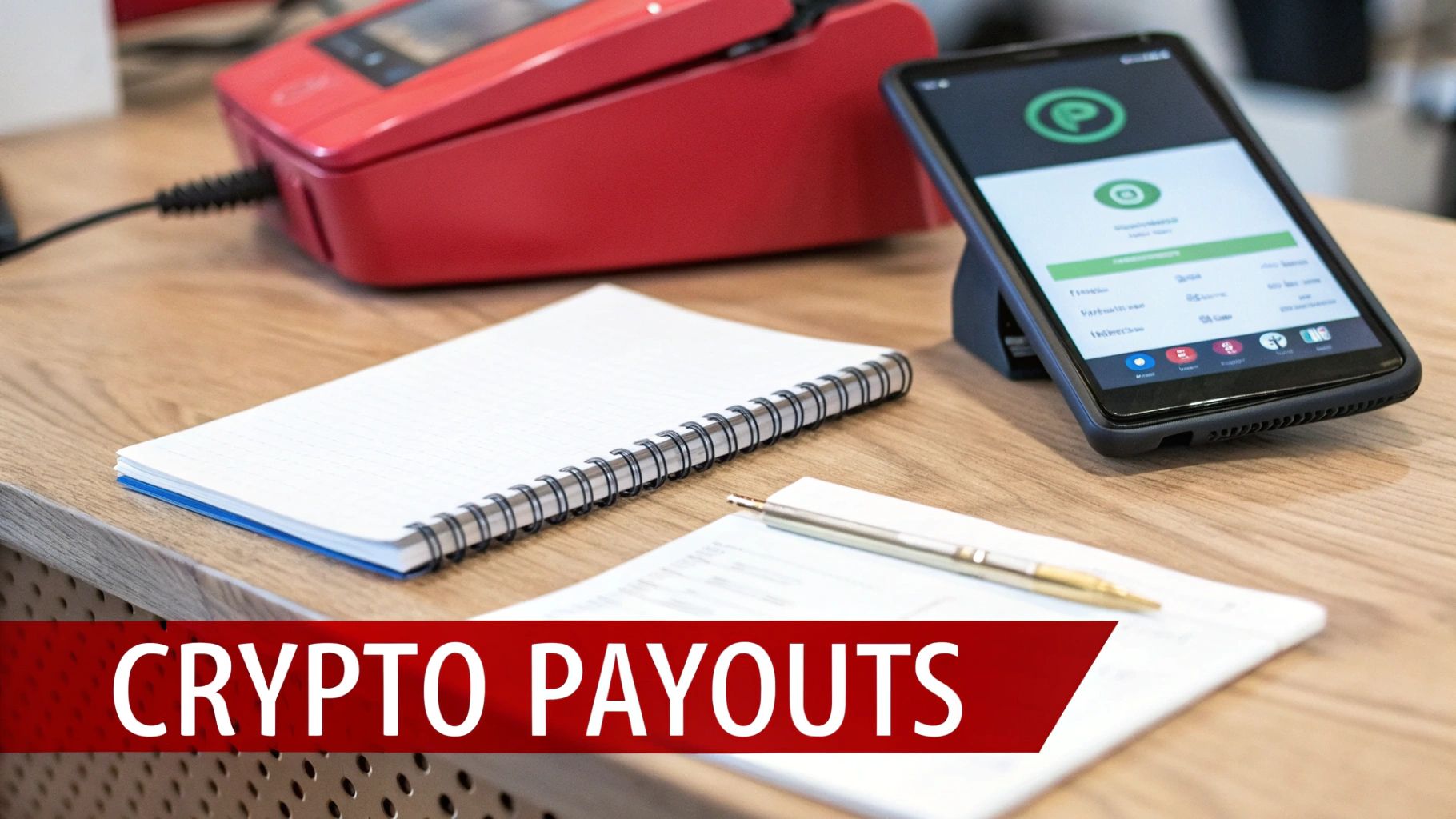 Wisconsin Sports Betting Your Ultimate Offshore Guide 4 A wooden desk with a red payment terminal, a smartphone displaying a crypto app, a notebook, and a pen, with a 'CRYPTO PAYOUTS' banner.