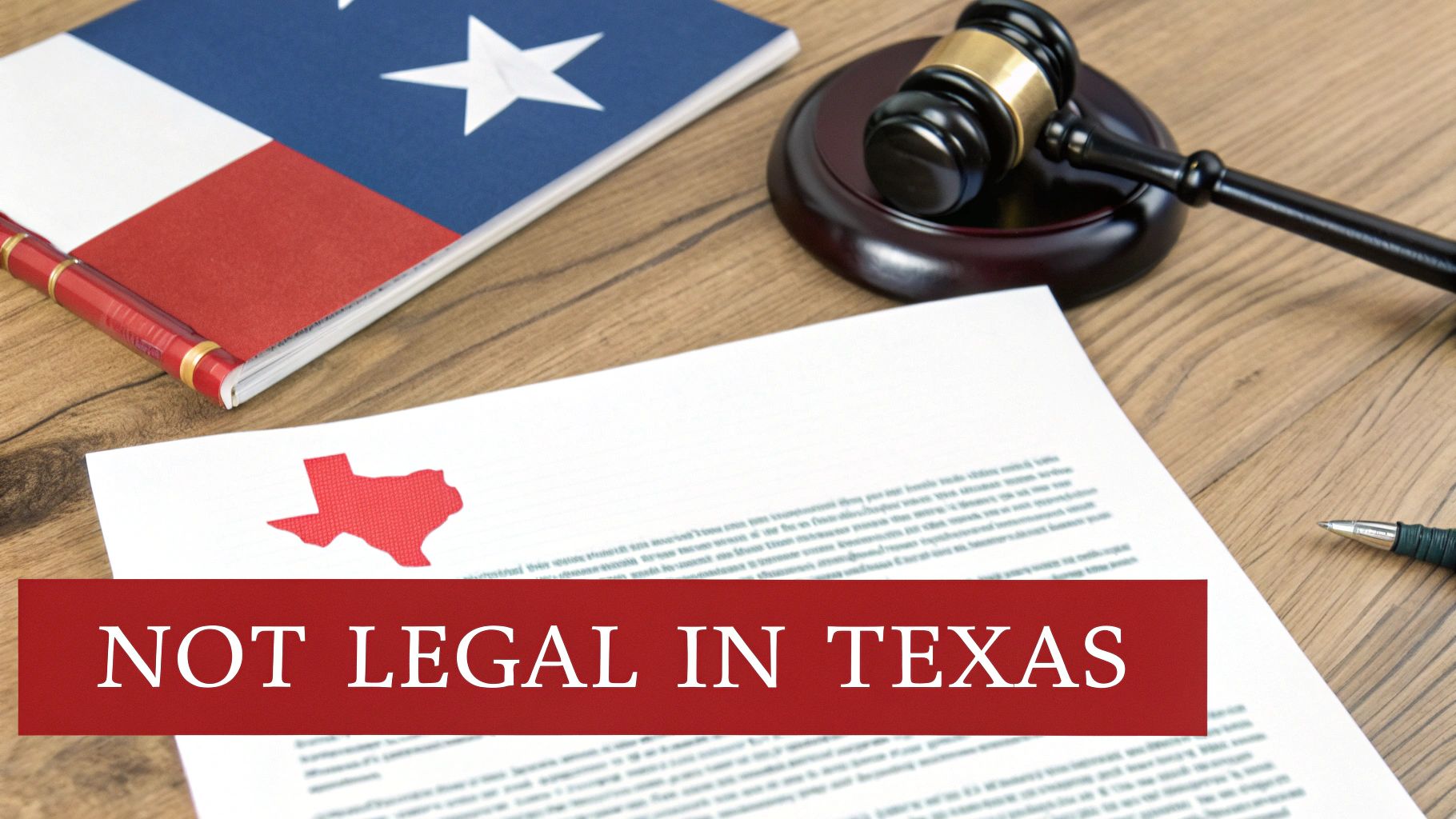 Is Online Sports Betting Legal in Texas A Bettor's Guide 1 A document with a red Texas map, a gavel, and the Texas flag, with 'NOT LEGAL IN TEXAS' overlay.