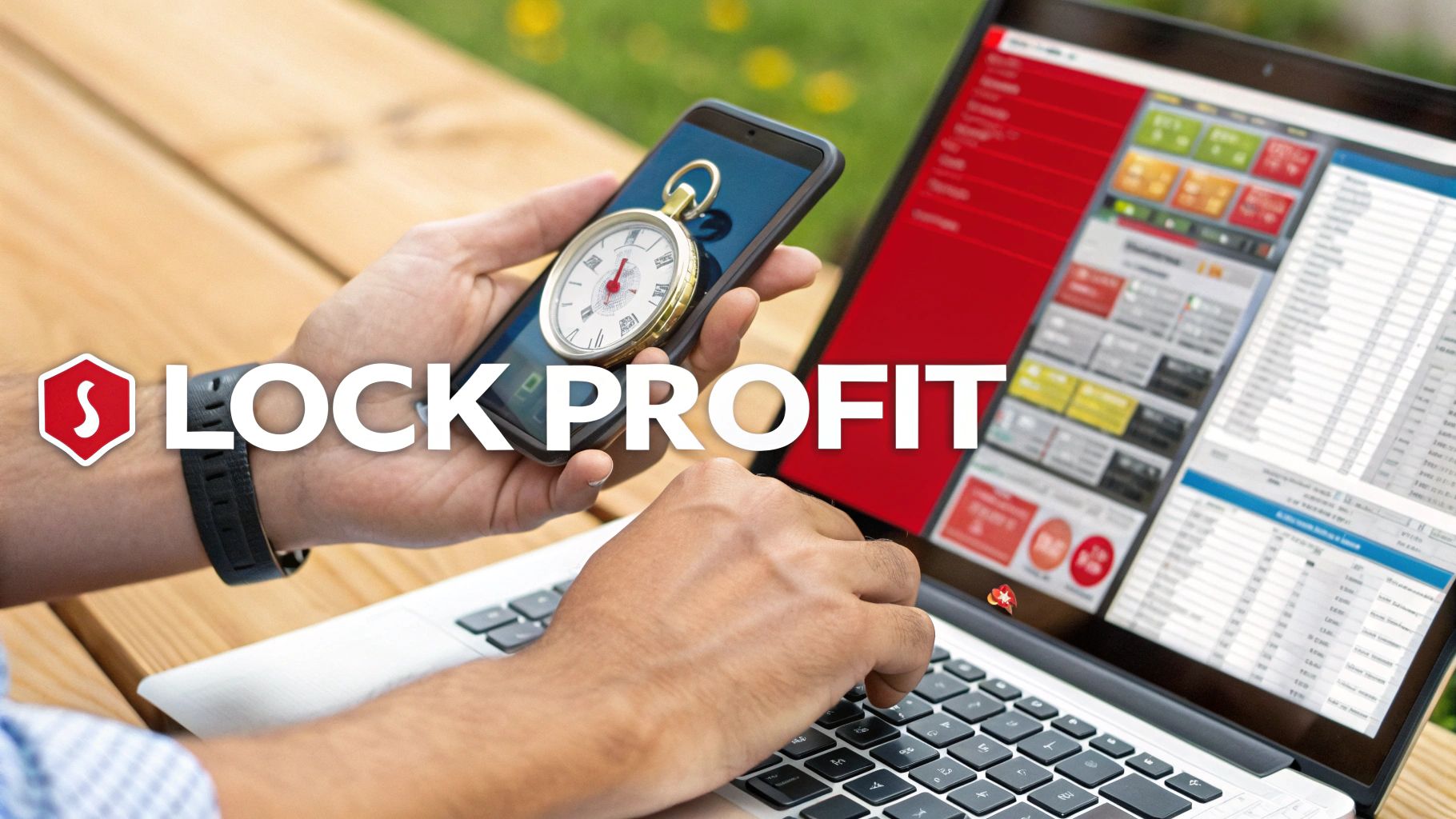 Using an Arbitrage Betting Calculator for Profit 3 A close-up of a person's hands placing a sports bet on a smartphone, with a laptop showing odds in the background.