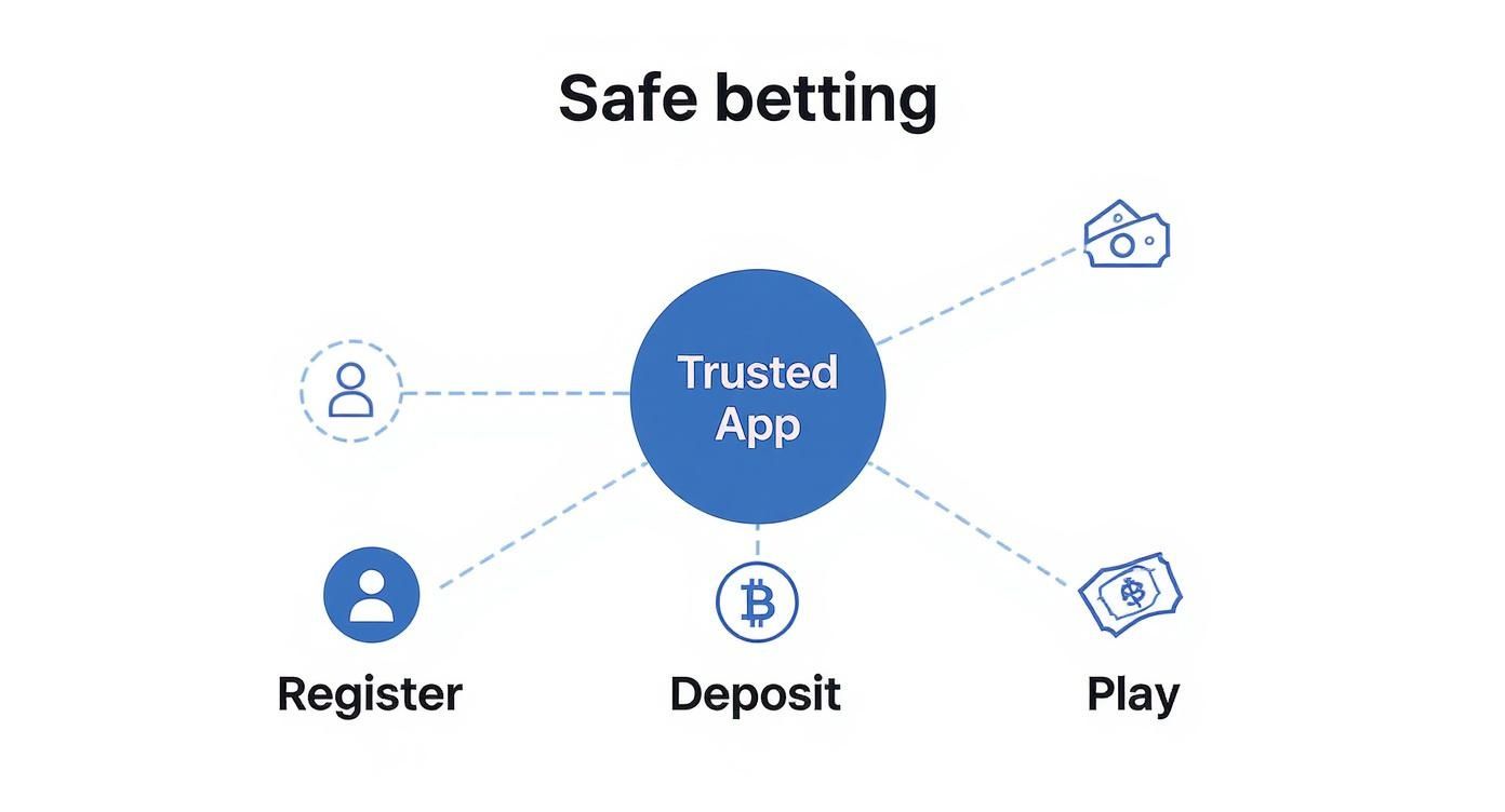 Infographic showing the three simple steps to safe betting: Register, Deposit, and Play.