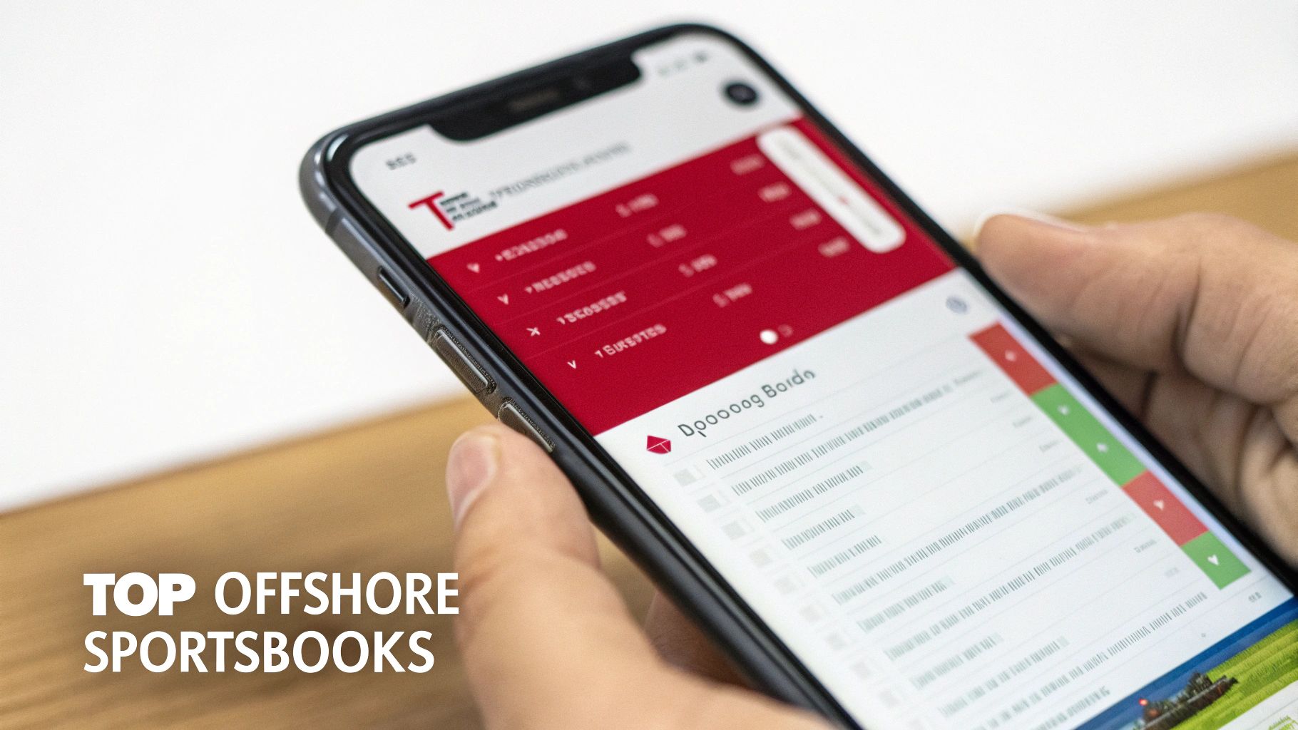 A hand holds a smartphone displaying an offshore sports betting app with red odds and game details.