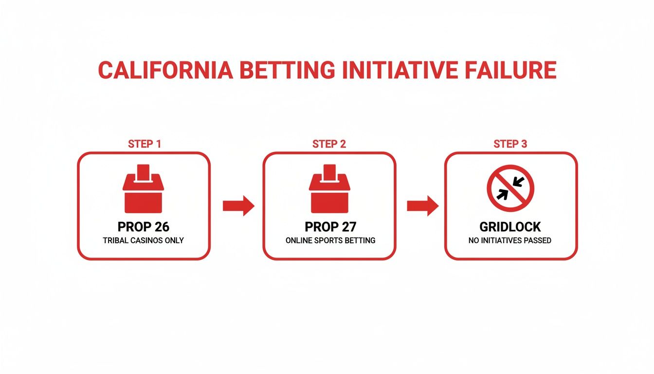 Is Sports Betting Legal in California? The Definitive Guide 2 Flowchart illustrating the California betting initiative failure with Prop 26, Prop 27, leading to gridlock.