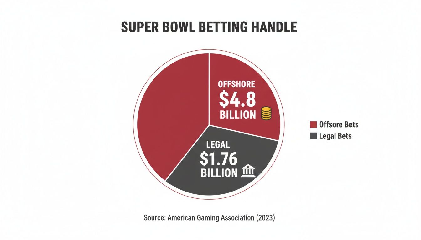 A pie chart details Super Bowl betting handle, with $4.8 billion offshore and $1.76 billion legal bets.