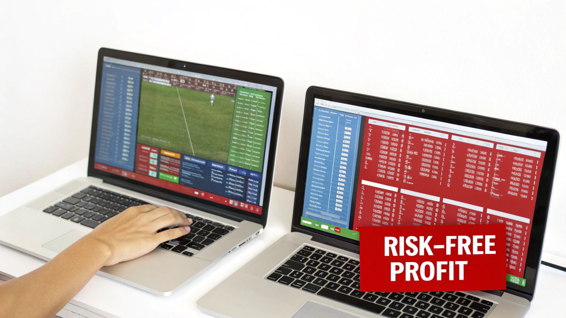 Two laptops displaying sports betting interfaces, one showing a game and the other 'RISK-FREE PROFIT'.