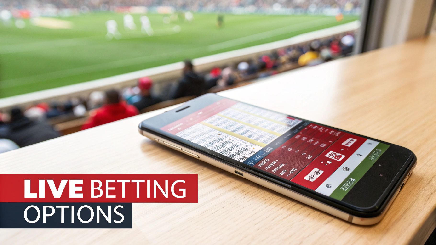Smartphone displaying a live sports betting app on a table at a stadium, with 'LIVE BETTING OPTIONS' text.