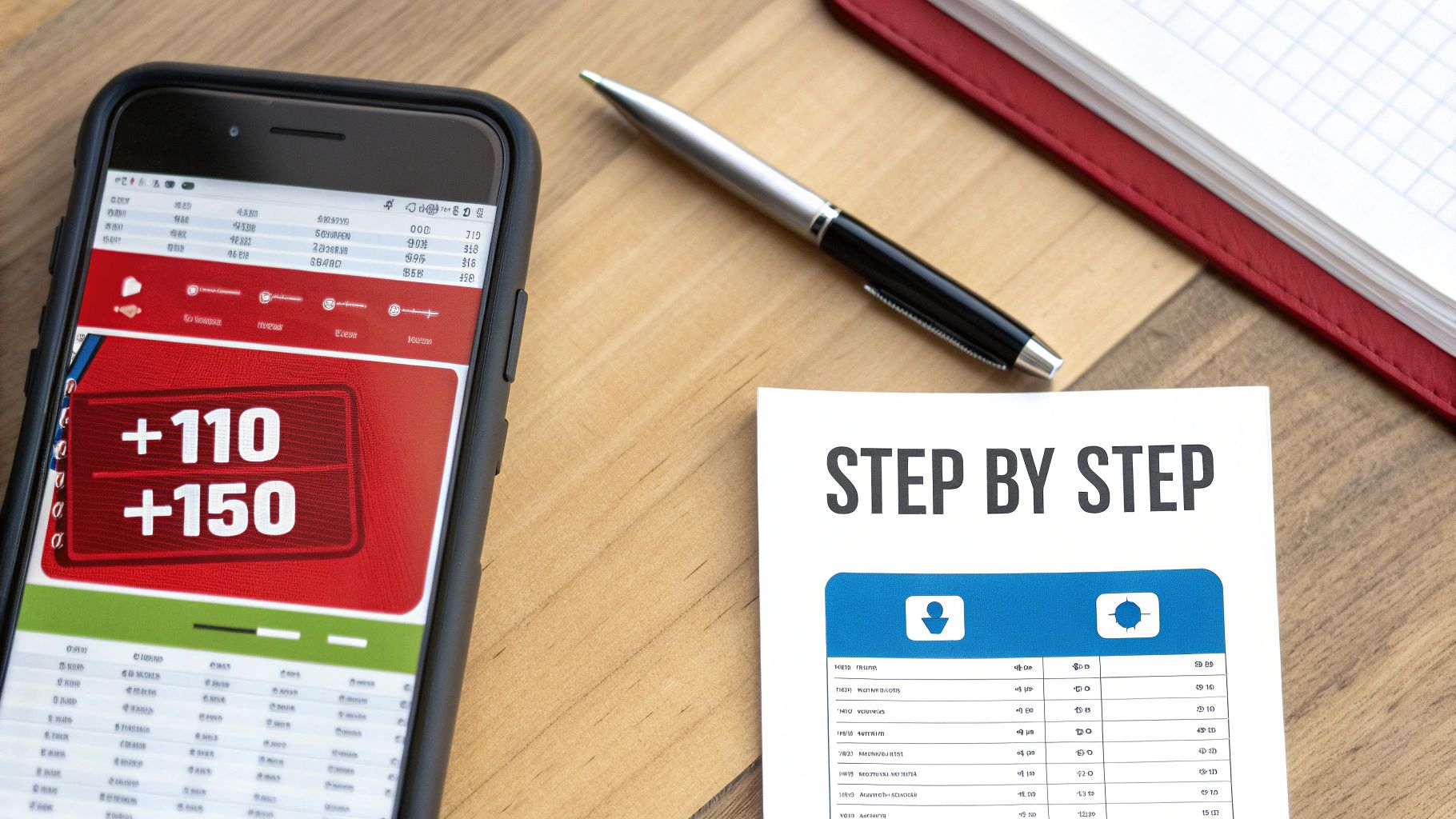 A smartphone displays sports betting odds on a wooden desk next to a 'STEP BY STEP' guide, pen, and notebook.