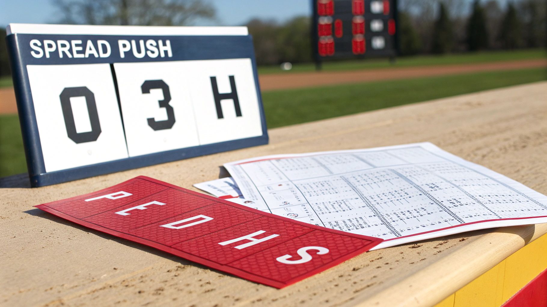 A close-up of a 'SPREAD PUSH' scoreboard with numbers, a red sign, and score sheet at a baseball field.
