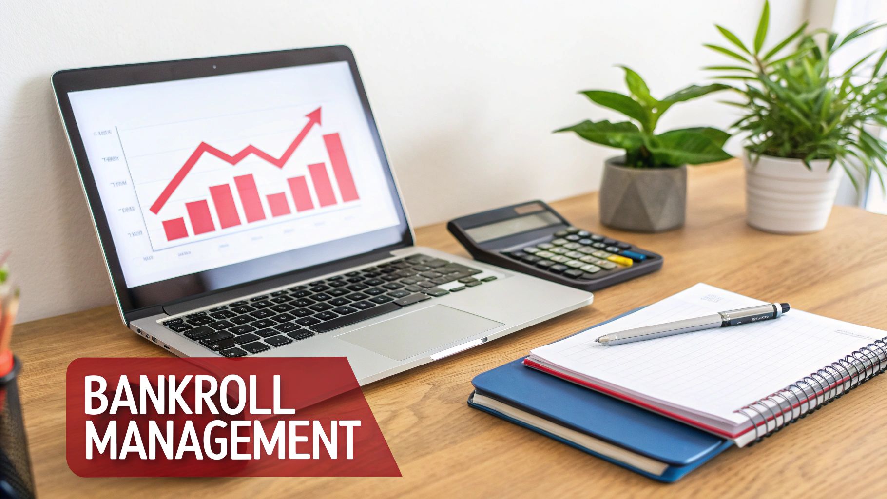 A laptop displaying a financial growth chart with a calculator, plants, and notebooks on a desk, promoting 'BANKROLL MANAGEMENT'.