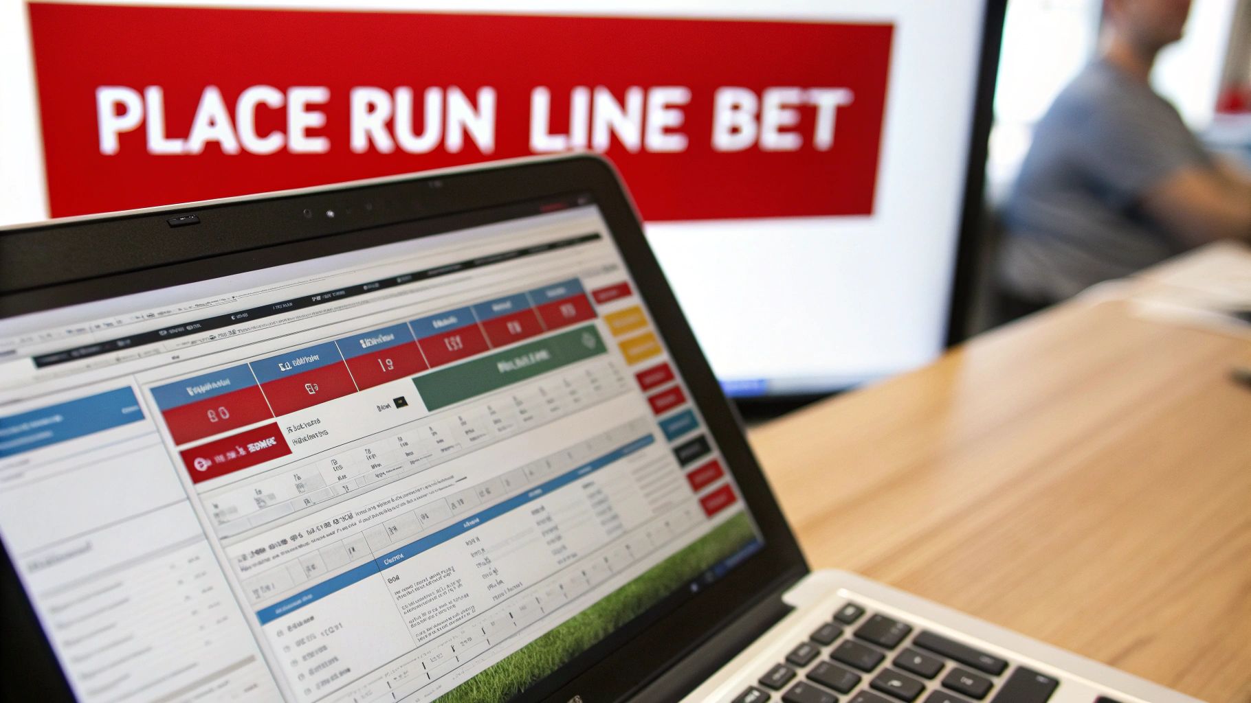What Is Run Line in Baseball A Bettor's Guide to the Spread 2 A laptop displays a sports betting interface, with a large screen in the background showing 'PLACE RUN LINE BET'.