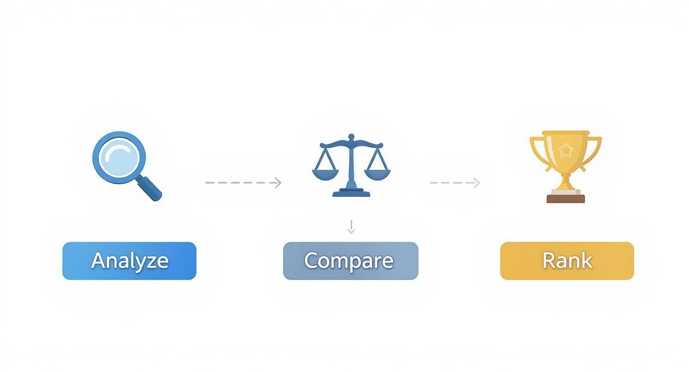A visual three-step process showing analyze, compare, and rank, with corresponding icons and buttons.