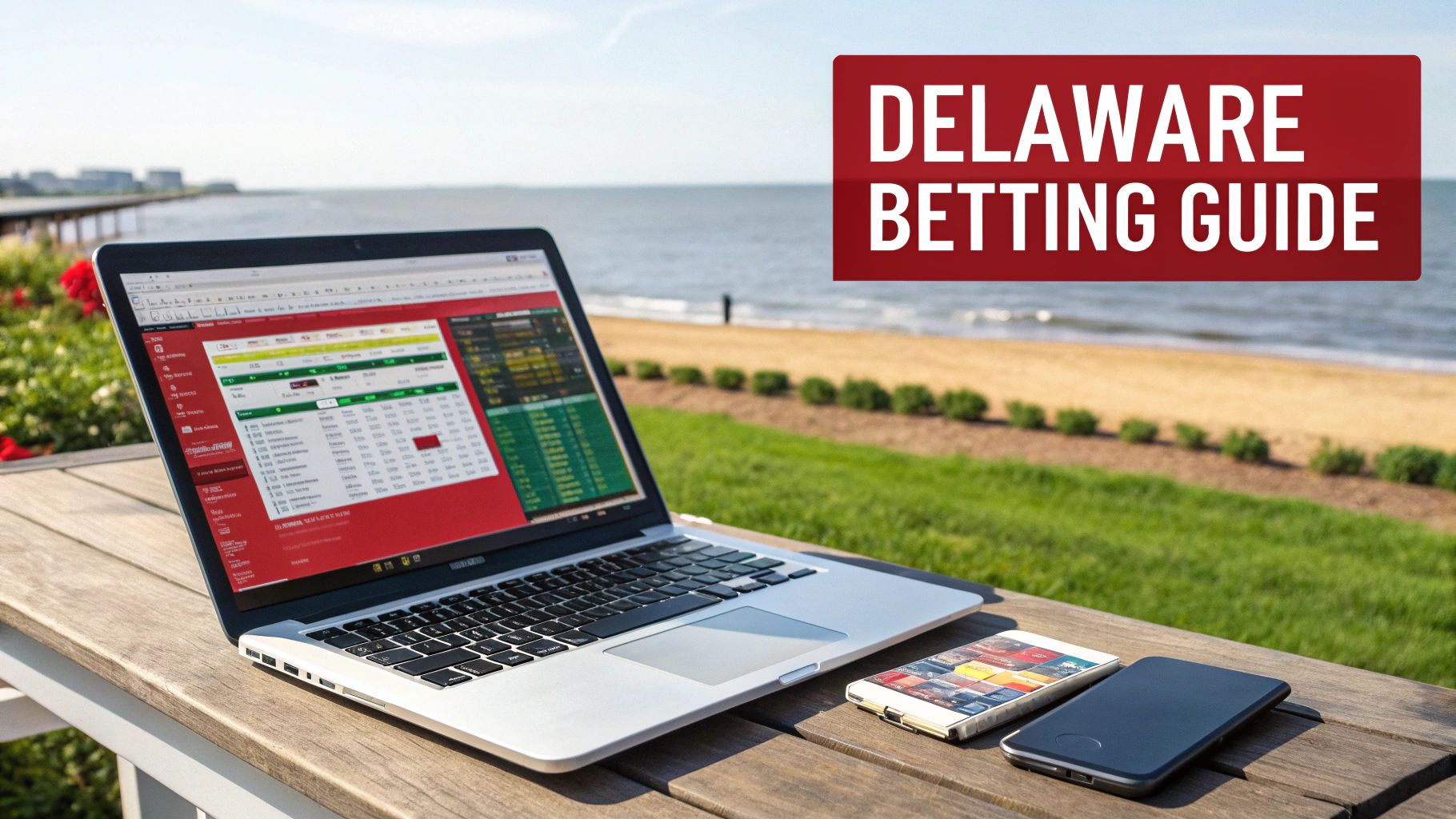 Laptop and phones on a table by the beach, showing a betting guide for Delaware.