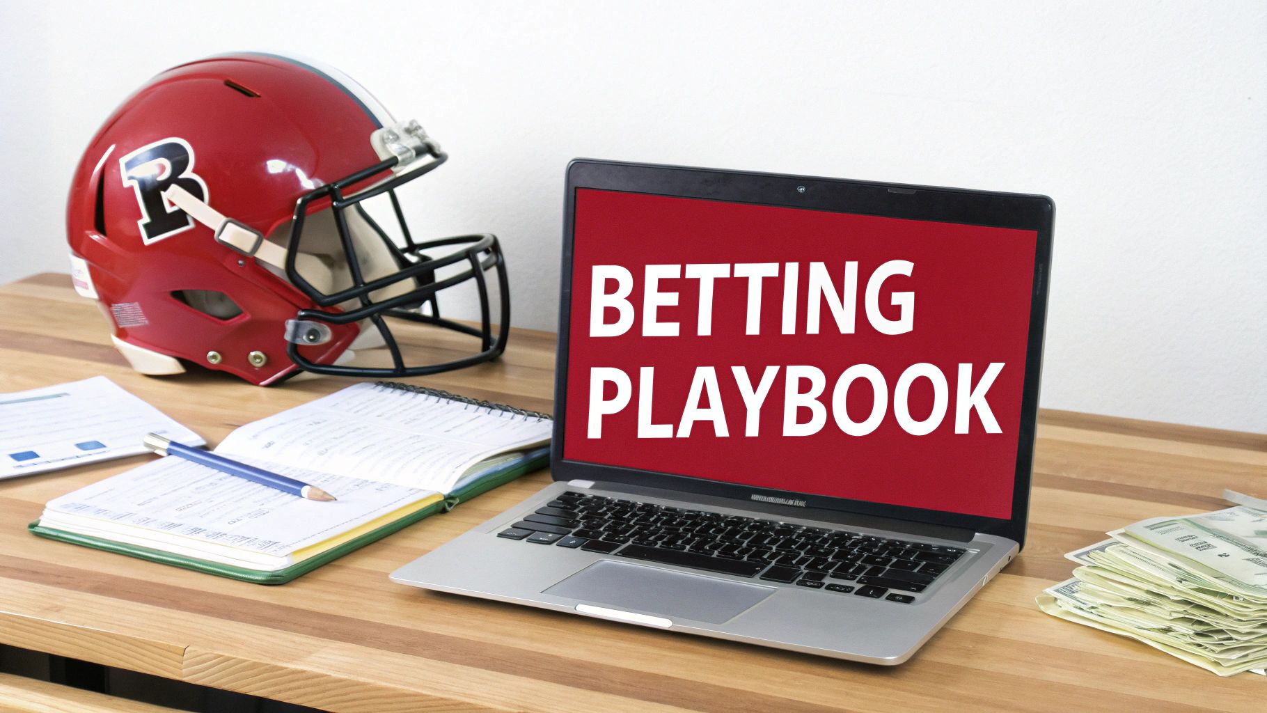 A red football helmet, laptop showing 'BETTING PLAYBOOK', notebook, and money on a wooden desk.