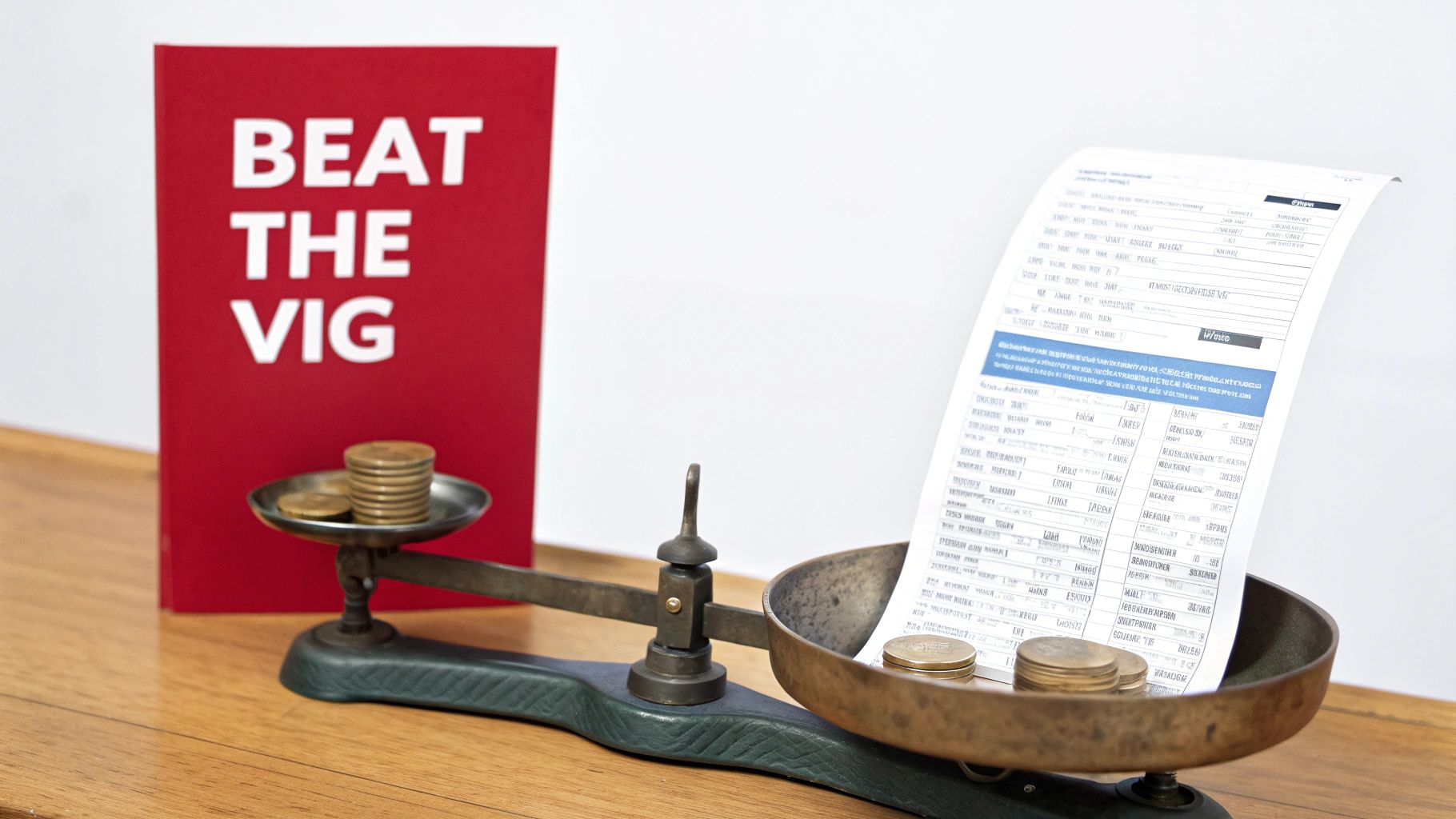 What is the Vig in Betting? A Quick Guide to Betting Odds and the House Edge 2 A red 'Beat the Vig' book next to a balance scale with coins and a document.