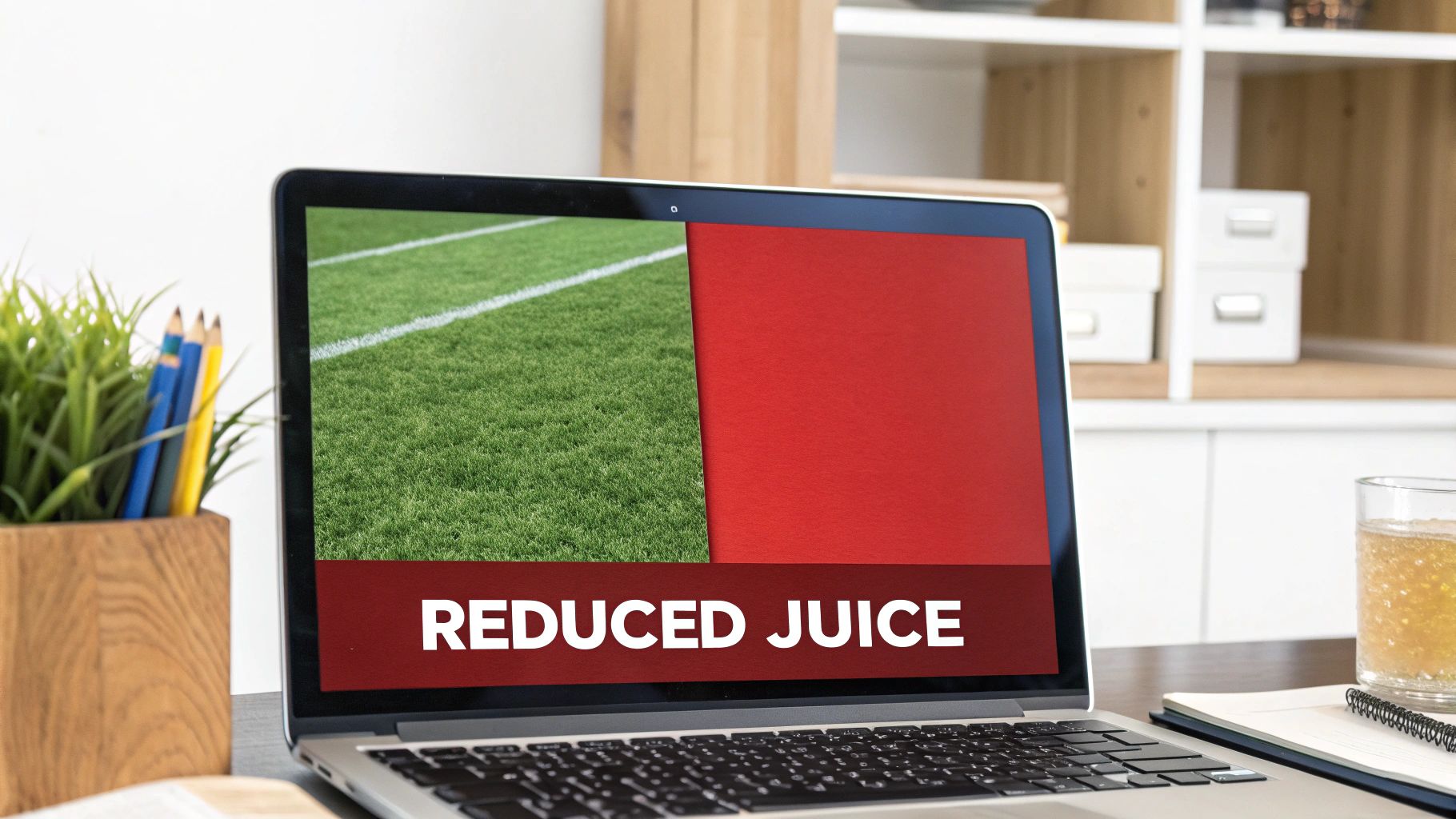 What is the Vig in Betting? A Quick Guide to Betting Odds and the House Edge 3 A laptop displays 'REDUCED JUICE' over a sports field and a red background on an office desk.