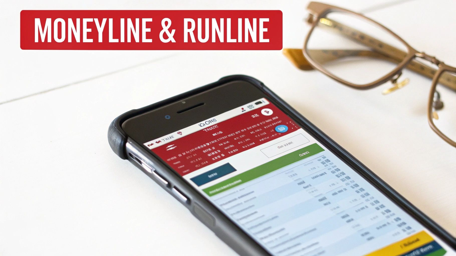 A smartphone displaying a sports betting app with a 'MONEYLINE & RUNLINE' banner, alongside eyeglasses.