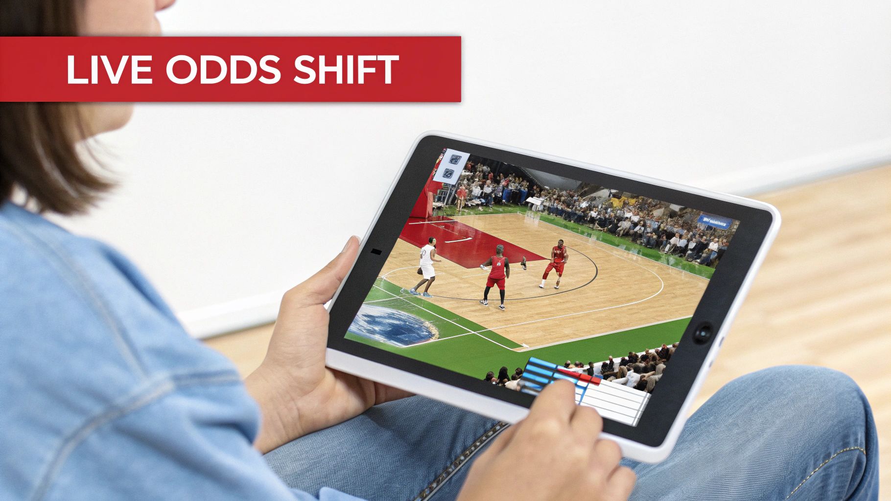 A person holds a tablet displaying a live basketball game with a 'LIVE ODDS SHIFT' banner.