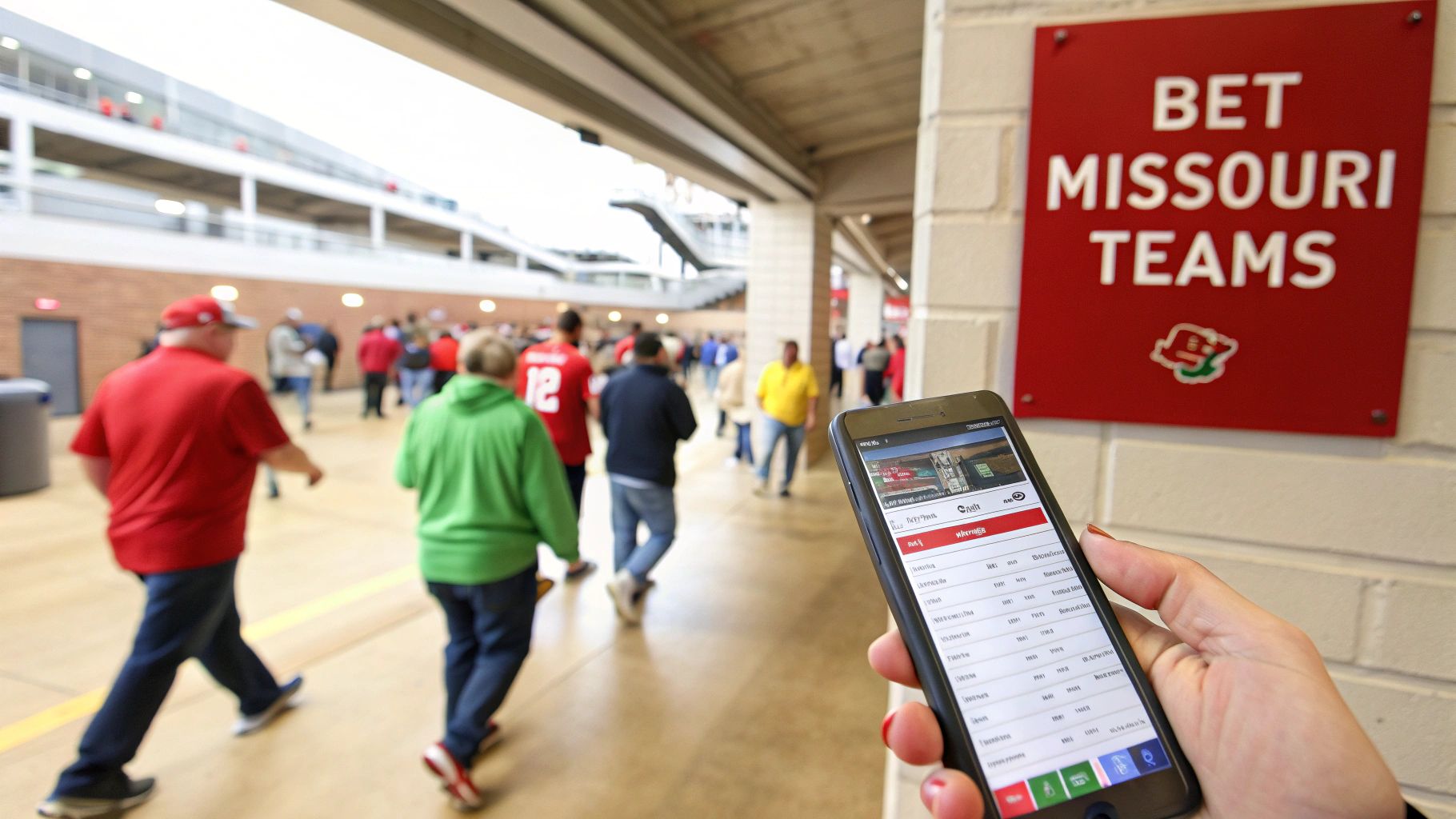 Missouri Sports Gambling Explained 3 A hand holds a smartphone displaying a sports betting app near a "Bet Missouri Teams" sign in a stadium.