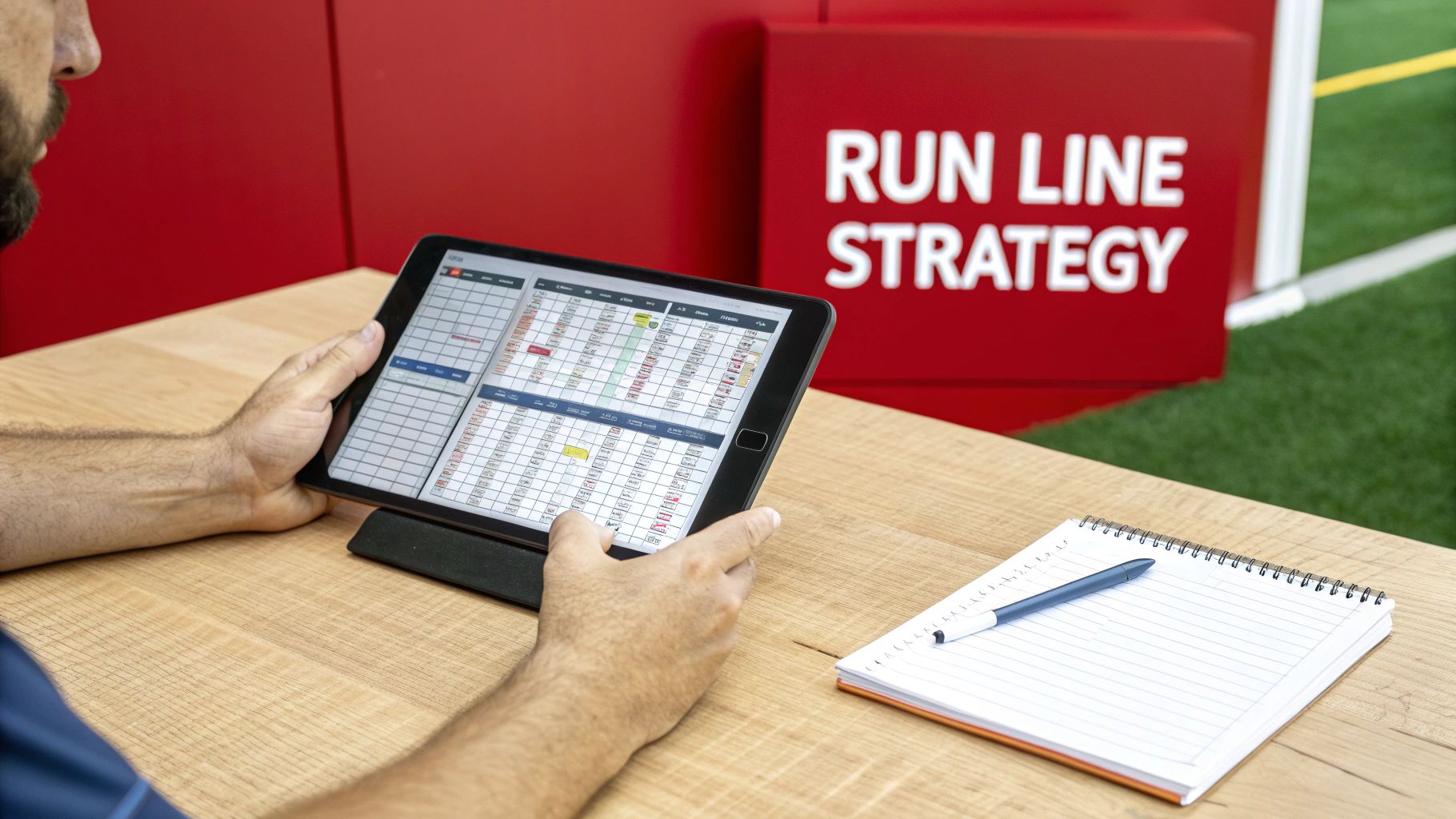 What Does Run Line Mean in Baseball: A Clear Guide to Bets and Spreads 3 A person analyzes data on a tablet, with a notebook and a 'RUN LINE STRATEGY' sign in the background.