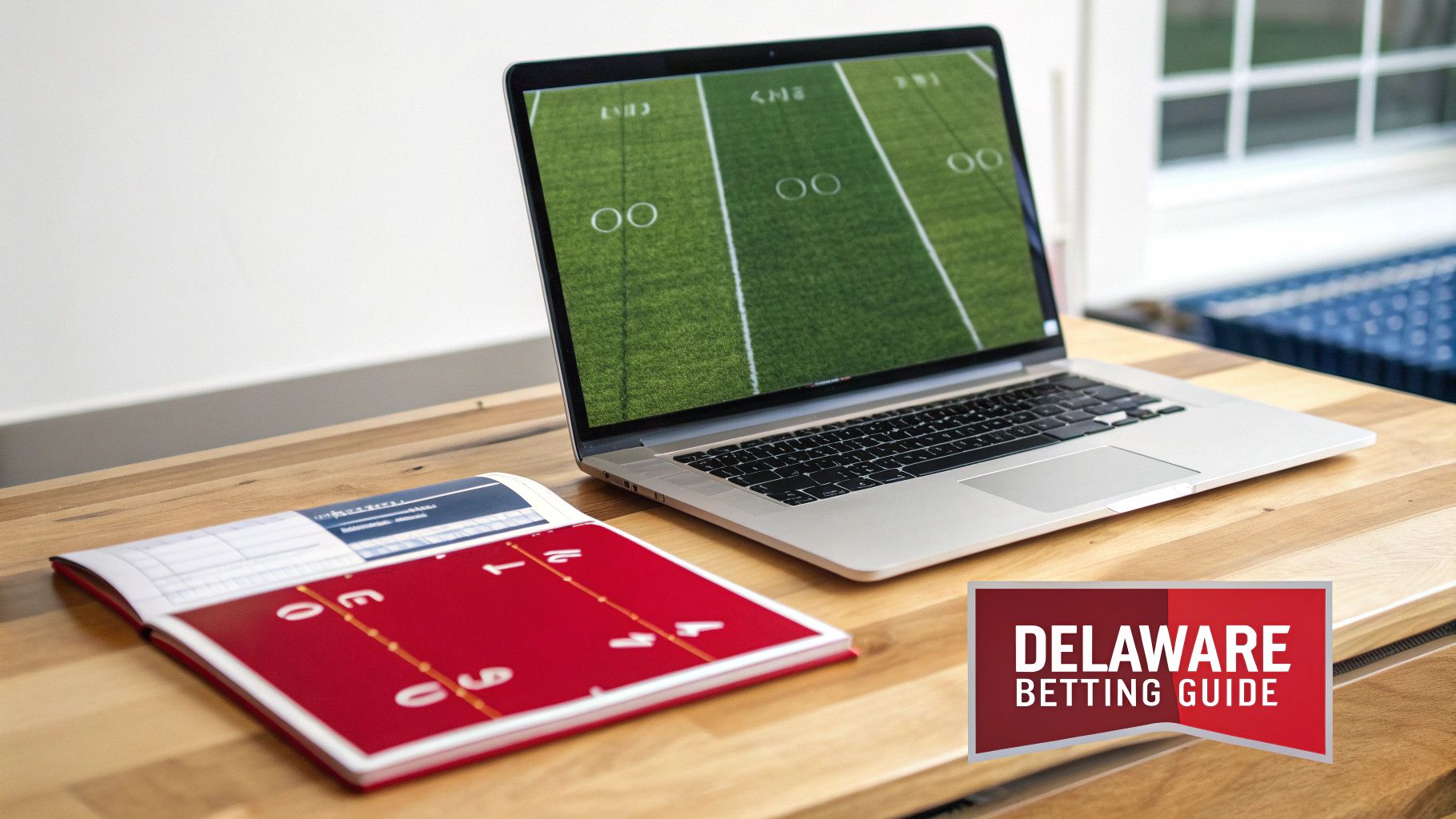 Delaware Sports Betting Online Your Ultimate Guide 2 A laptop displaying a football field and an open betting guide book on a wooden desk.