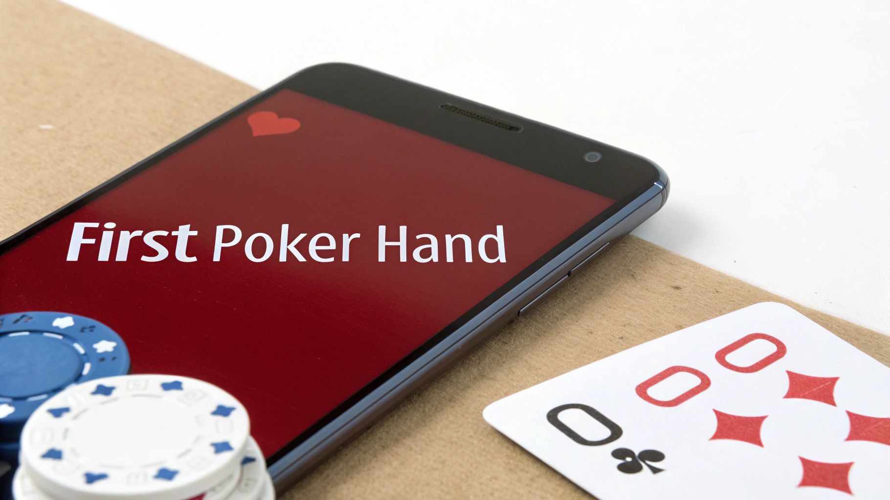 A smartphone displaying 'First Poker Hand' on its screen, surrounded by poker chips and playing cards.