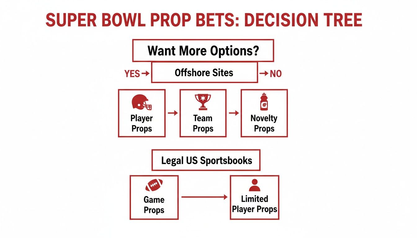 A decision tree illustrating Super Bowl prop betting options from offshore sites and legal US sportsbooks.