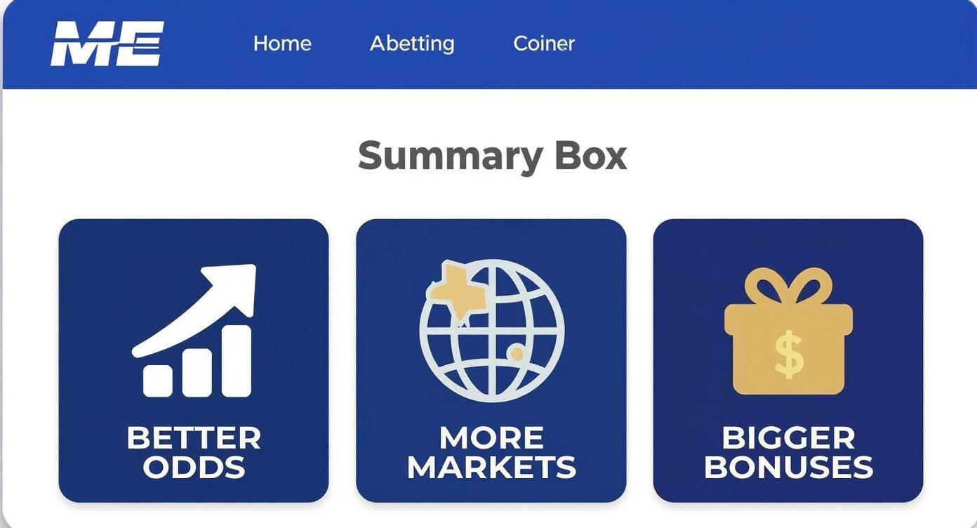Three icons showing better odds, more markets, and bigger bonuses for Maine sports betting