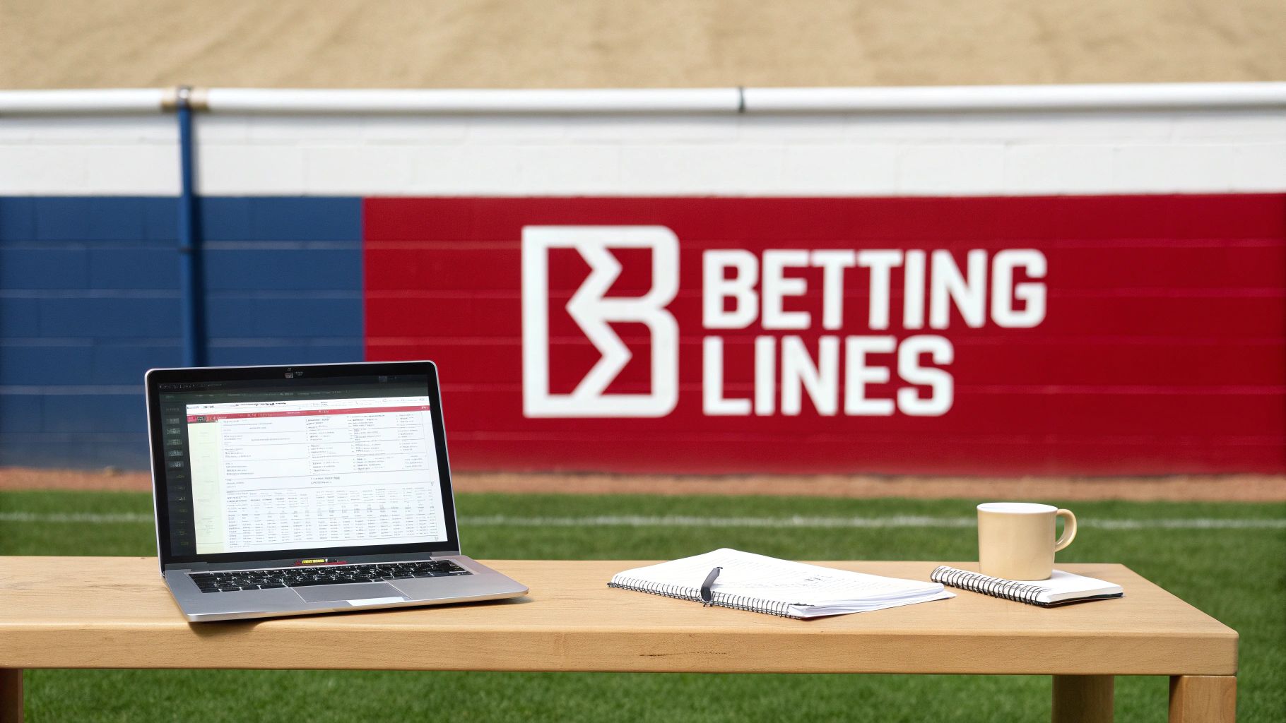 Laptop, notebooks, and coffee mug on a table with a 'BETTING LINES' sign in the background.