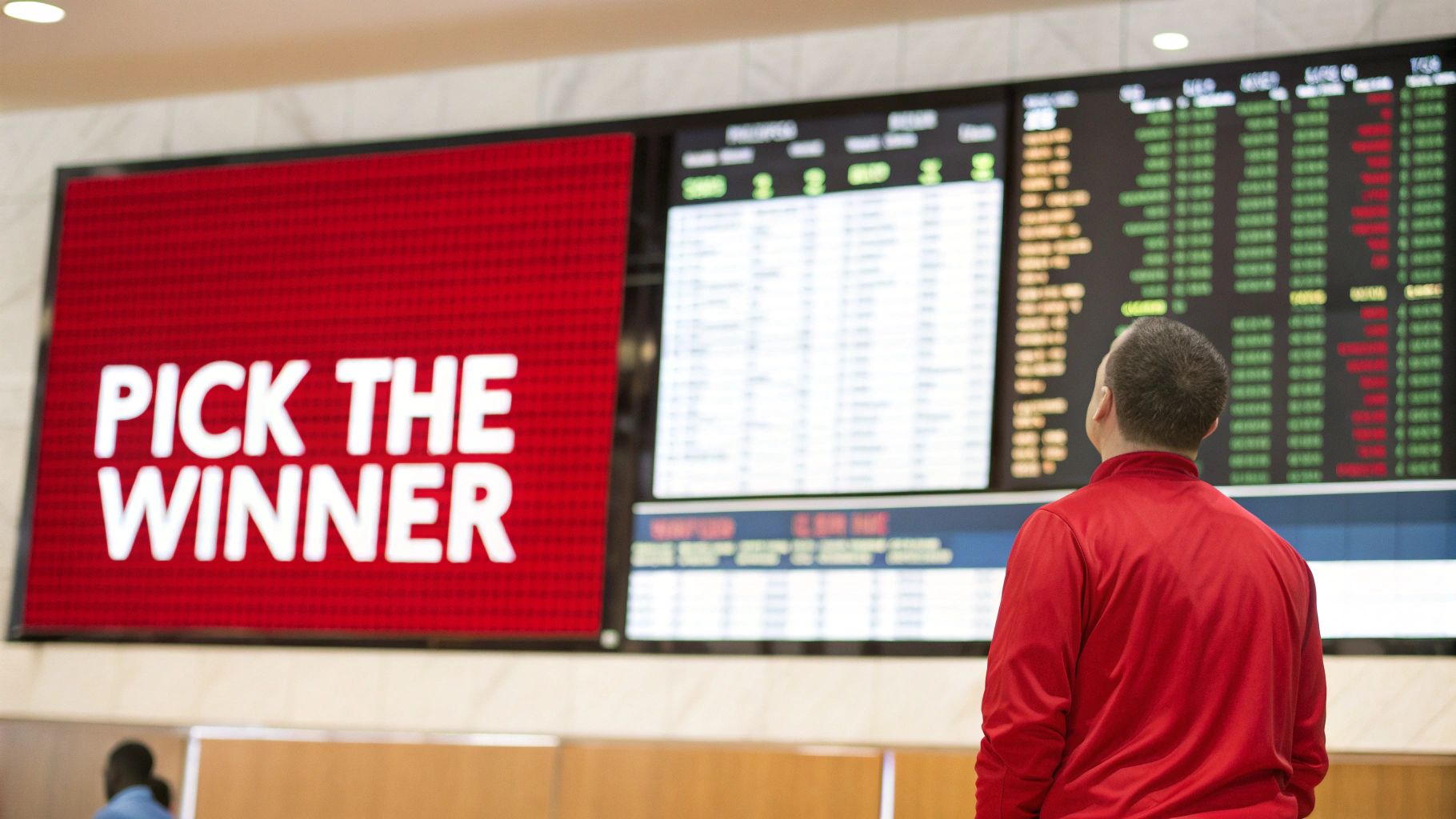 What Is The Money Line In Betting Explained 1 A man in a red shirt views a large screen displaying "PICK THE WINNER" and sports betting information.