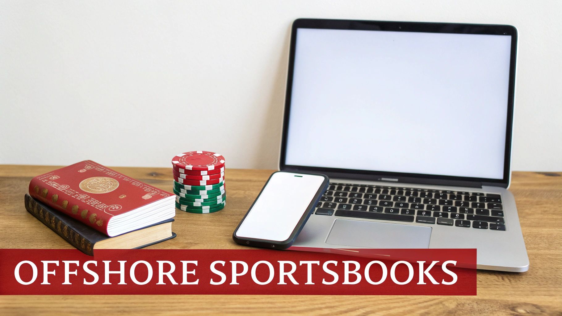 Is Online Sports Gambling Legal in California an Unbiased Guide 2 An open laptop, smartphone, poker chips, and books on a wooden table with an 'OFFSHORE SPORTSBOOKS' banner.