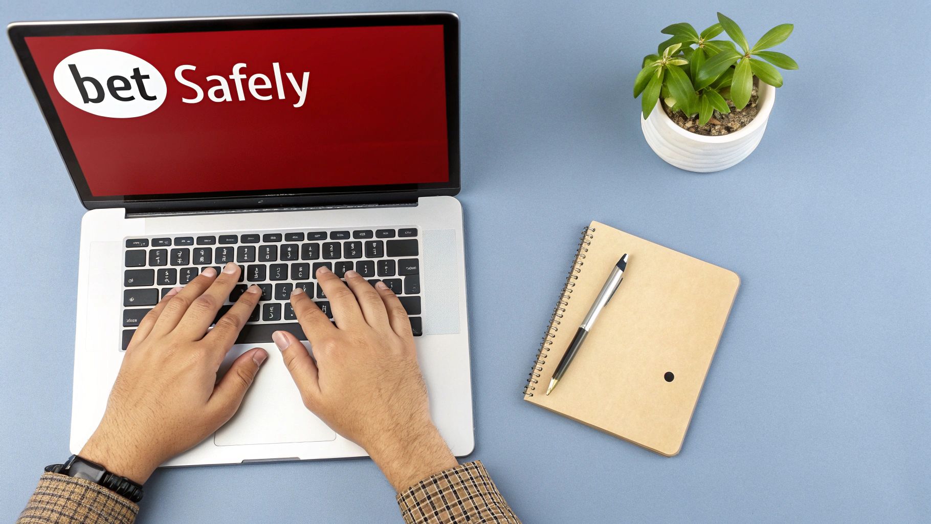 Hands typing on a laptop displaying 'bet Safely', with a plant and notebook on a blue desk.