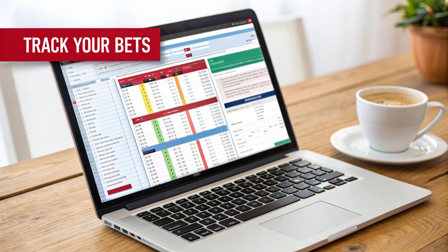 A detailed spreadsheet on a laptop screen showing sports betting records, including columns for sportsbook, odds, and outcome.