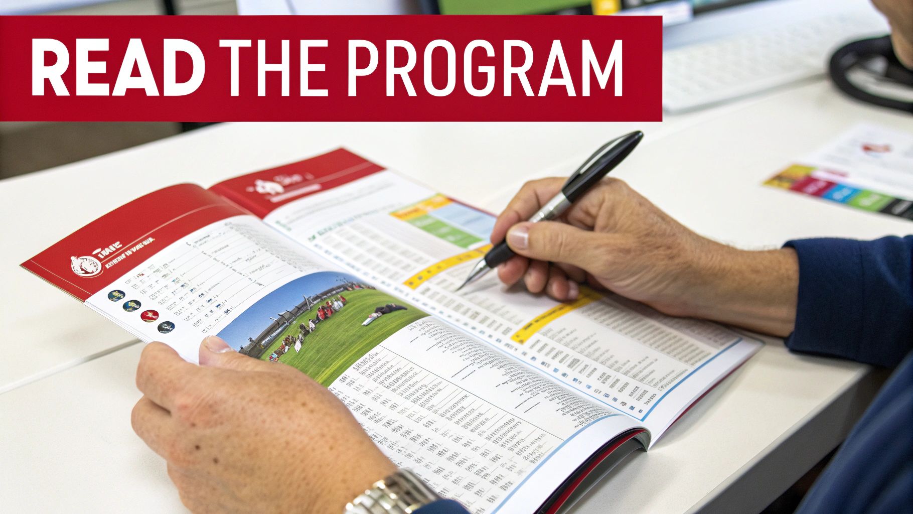 Close-up of hands holding an open program booklet, marking information with a black pen.