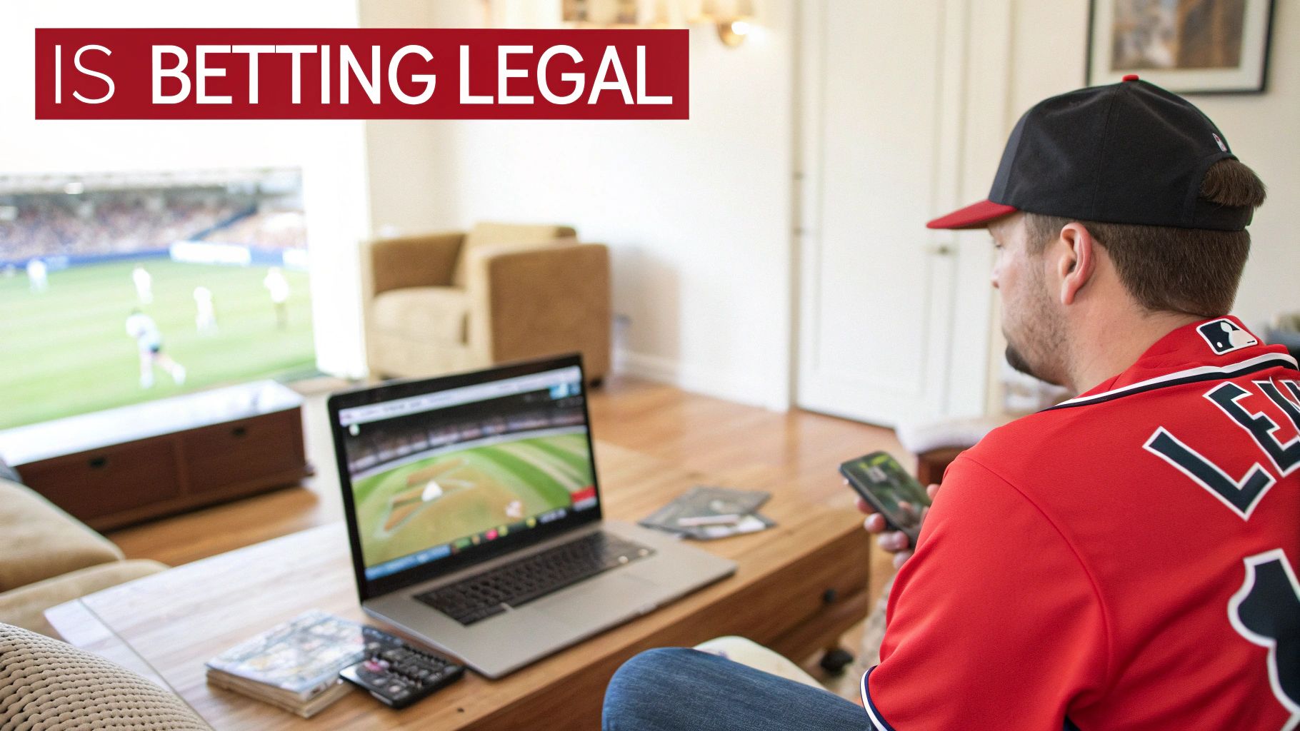 Georgia Sports Betting: Your Expert Guide to Safe, Legal Bets 1 A man in a baseball jersey watches a game on a laptop and phone, with text 'IS BETTING LEGAL'.