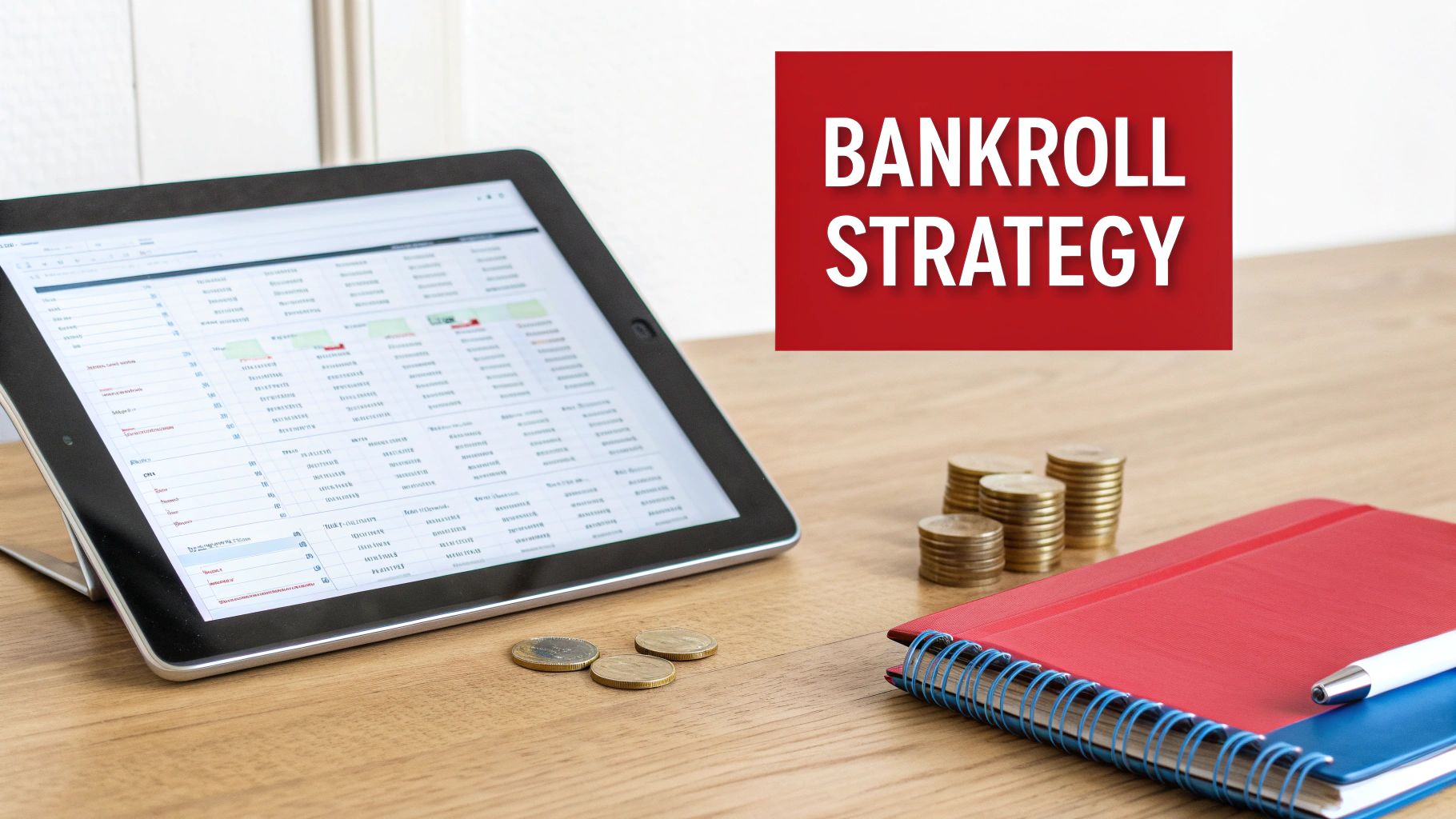 A tablet showing a spreadsheet, stacks of coins, a notebook, and pen on a wooden desk, illustrating a bankroll strategy.